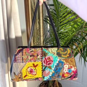 Vtg Santi Patchwork Embroidered Leather Bag Tote Boho Folk Art Multi-Color Large